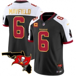 Men Tampa Bay Buccaneers 6 Baker Mayfield Black White F U S E  With 4 Star C Ptach And Florida Patch Gold Trim Vapor Stitched Jersey