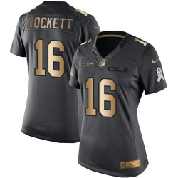 Nike Seahawks #16 Tyler Lockett Black Womens Stitched NFL Limited Gold Salute to Service Jersey