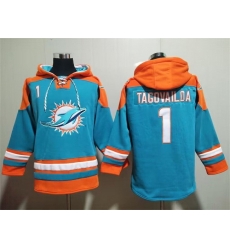 Men Miami Dolphins 1 Tua Tagovailoa Aqua Lace Up Pullover Hoodie