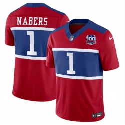 Men New York Giants 1 Malik Nabers Red 2024 F U S E  Alternate 100TH Season Patch Vapor Untouchable Limited Stitched Jersey