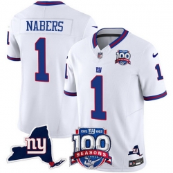 Men New York Giants 1 Malik Nabers White 2024 F U S E 100th Season And State Patch Vapor Limited Stitched Football Jersey