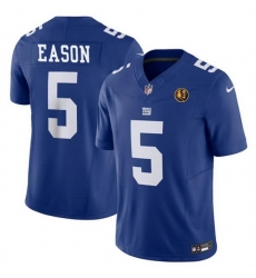 Men New York Giants 5 Jacob Eason Blue 2023 F U S E  With John Madden Patch Vapor Limited Stitched Football Jersey