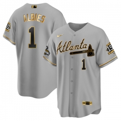 Men Atlanta Braves 1 Ozzie Albies 2021 Grey Gold World Series Champions With 150th Anniversary Patch Cool Base Stitched Jersey