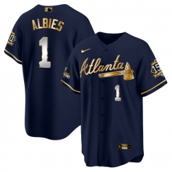 Men Atlanta Braves 1 Ozzie Albies 2021 Navy Gold World Series Champions With 150th Anniversary Patch Cool Base Stitched Jersey