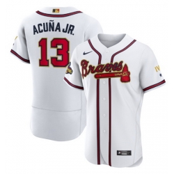 Men Atlanta Braves 13 Ronald Acu F1a Jr  2022 White Gold World Series Champions Program Flex Base Stitched Baseball jersey