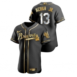 Men Atlanta Braves 13 Ronald Acuna Jr  Black Gold 2020 Nike Flexbase Jersey