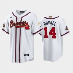 Men Atlanta Braves 14 Adam Duvall 2022 White Gold World Series Champions Program Cool Base Stitched Baseball Jerse