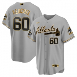 Men Atlanta Braves 60 Dallas Keuchel 2021 Grey Gold World Series Champions With 150th Anniversary Patch Cool Base Stitched Jersey