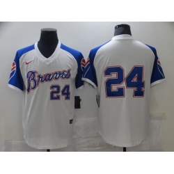 Men Nike Atlanta Braves Deion Sanders 24 White Blue Pullover Jersey