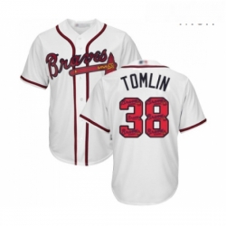 Mens Atlanta Braves 38 Josh Tomlin Authentic White Team Logo Fashion Cool Base Baseball Jersey 