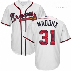 Mens Majestic Atlanta Braves 31 Greg Maddux Authentic White Team Logo Fashion Cool Base MLB Jersey