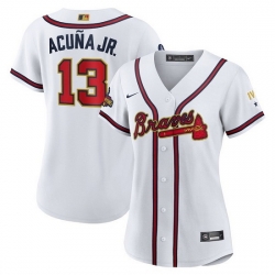 Women Atlanta Braves 13 Ronald Acu F1a Jr 2022 White Gold World Series Champions Program Stitched Jersey