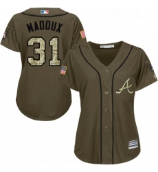 Womens Majestic Atlanta Braves 31 Greg Maddux Authentic Green Salute to Service MLB Jersey