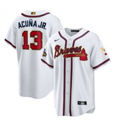 Youth Atlanta Braves 13 Ronald Acu F1a Jr 2022 White Gold World Series Champions Program Cool Base Stitched Jersey