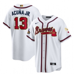 Youth Atlanta Braves 13 Ronald Acu F1a Jr 2022 White Gold World Series Champions Program Cool Base Stitched Jersey