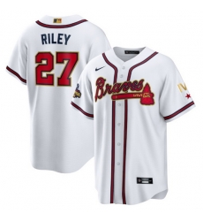 Youth Atlanta Braves 27 Austin Riley 2022 White Gold World Series Champions Program Cool Base Stitched Jersey