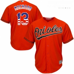 Mens Majestic Baltimore Orioles 13 Manny Machado Replica Orange USA Flag Fashion MLB Jersey