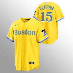 Men Boston Red Sox 15 Dustin Pedroia Men Nike 2021 City Connect Gold Fans Version MLB Jersey