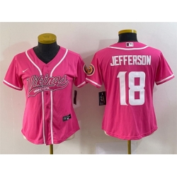 Women Minnesota Vikings 18 Justin Jefferson Pink With Patch Cool Base Stitched Baseball Jersey  Run Small