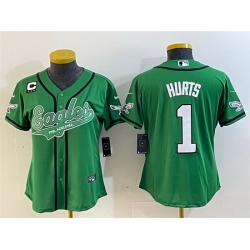 Women Philadelphia Eagles 1 Jalen Hurts Green With 3 Star C Patch Cool Base Stitched Baseball Jersey 28Run Small 29