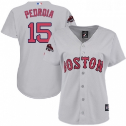 Womens Majestic Boston Red Sox 15 Dustin Pedroia Authentic Grey 2018 World Series Champions MLB Jersey