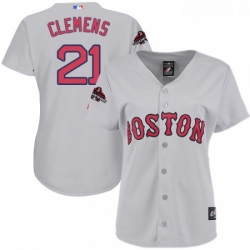 Womens Majestic Boston Red Sox 21 Roger Clemens Authentic Grey Road 2018 World Series Champions MLB Jersey