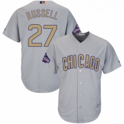 Youth Majestic Chicago Cubs 27 Addison Russell Authentic Gray 2017 Gold Champion Cool Base MLB Jersey