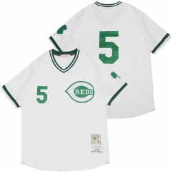 Men Cincinnati Reds 5 Johnny Bench White St  Patrick Day Jersey