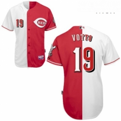 Mens Majestic Cincinnati Reds 19 Joey Votto Authentic RedWhite Split Fashion MLB Jersey