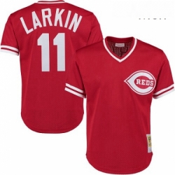 Mens Mitchell and Ness Cincinnati Reds 11 Barry Larkin Replica Red Throwback MLB Jersey