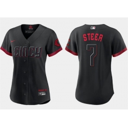 Women Cincinnati Reds 7 Spencer Steer Black 2023 City Connect Stitched Baseball Jersey 28Run Small 29