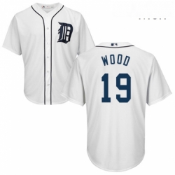 Mens Majestic Detroit Tigers 19 Travis Wood Replica White Home Cool Base MLB Jersey 