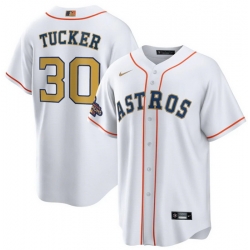 Men Houston Astros 30 Kyle Tucker White 2023 Gold Collection With World Serise Champions Patch Cool Base Stitched Baseball Jersey