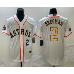 Mens Houston Astros #2 Alex Bregman Number 2023 White Gold World Serise Champions Patch Cool Base Stitched Jersey