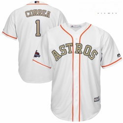 Mens Majestic Houston Astros 1 Carlos Correa Replica White 2018 Gold Program Cool Base MLB Jersey