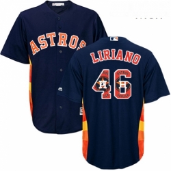 Mens Majestic Houston Astros 46 Francisco Liriano Authentic Navy Blue Team Logo Fashion Cool Base MLB Jersey 