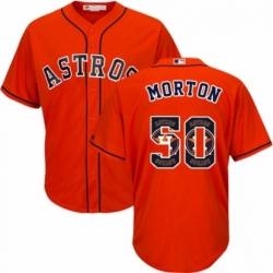 Mens Majestic Houston Astros 50 Charlie Morton Authentic Orange Team Logo Fashion Cool Base MLB Jersey 