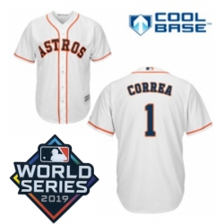 Youth Majestic Houston Astros 1 Carlos Correa White Home Cool Base Sitched 2019 World Series Patch Jersey