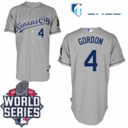 Mens Majestic Kansas City Royals 4 Alex Gordon Replica Grey Road Cool Base 2015 World Series