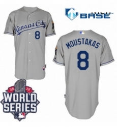 Mens Majestic Kansas City Royals 8 Mike Moustakas Authentic Grey Road Cool Base 2015 World Series