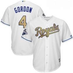 Youth Majestic Kansas City Royals 4 Alex Gordon Authentic White 2015 World Series Champions Gold Program Cool Base MLB Jersey