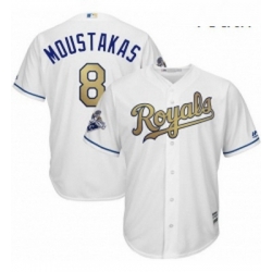 Youth Majestic Kansas City Royals 8 Mike Moustakas Authentic White 2015 World Series Champions Gold Program Cool Base MLB Jersey