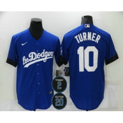 Men Los Angeles Dodgers 10 Justin Turner Blue 2 20 Patch City Connect Cool Base Stitched Jersey