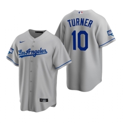 Men Los Angeles Dodgers 10 Justin Turner Gray 2020 World Series Champions Road Replica Jersey