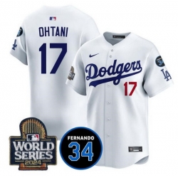 Men Los Angeles Dodgers 17 Shohei Ohtani White 2024 World Series With Fernando Memorial Patch Limited Stitched Baseball Jersey