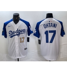 Men Los Angeles Dodgers 17 Shohei Ohtani White Blue Vin Patch Cool Base Stitched Baseball Jersey 1