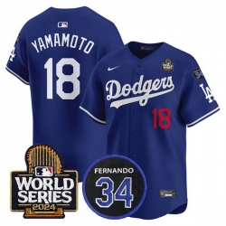 Men Los Angeles Dodgers 18 Yoshinobu Yamamoto Royal 2024 World Series With Fernando Memorial Patch Limited Stitched Baseball Jersey