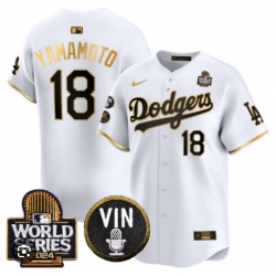 Men Los Angeles Dodgers 18 Yoshinobu Yamamoto White Gold 2024 World Series Patch VIN Patch Alternate Limited Stitched Baseball Jersey