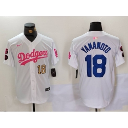 Men Los Angeles Dodgers 18 Yoshinobu Yamamoto White Pink Vin  26 Kobe Patch Stitched Baseball Jersey 3