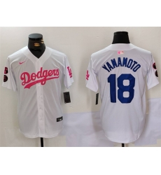 Men Los Angeles Dodgers 18 Yoshinobu Yamamoto White Pink Vin  26 Kobe Patch Stitched Baseball Jersey